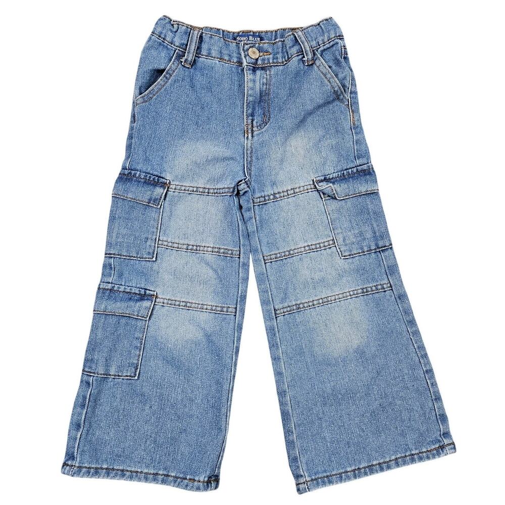 SOHO BLUE DENIM GIRLS’ WIDE‑LEG CARGO JEANS – SIZE 6X – LIGHT BLUE WASH
